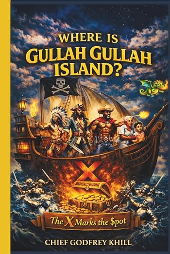 Pirate ship at sea with crew, dragon, and treasure chest under title 'Where is Gullah Gullah Island?'