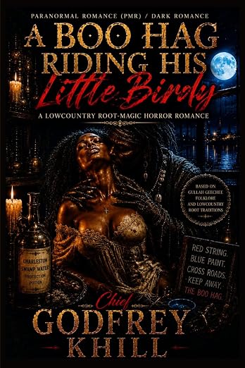 Cover of 'A Boo Hag Riding His Little Birdy' by Godfrey Khill, with a mystical woman and candles.