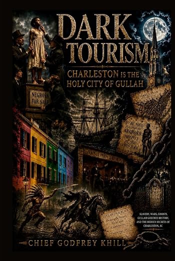 Collage of historical elements with 'Dark Tourism' text and an old sailing ship.