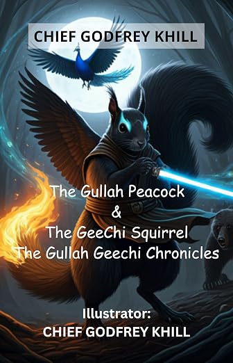 Illustrated squirrel with a blue sword and peacock in a mystical setting.
