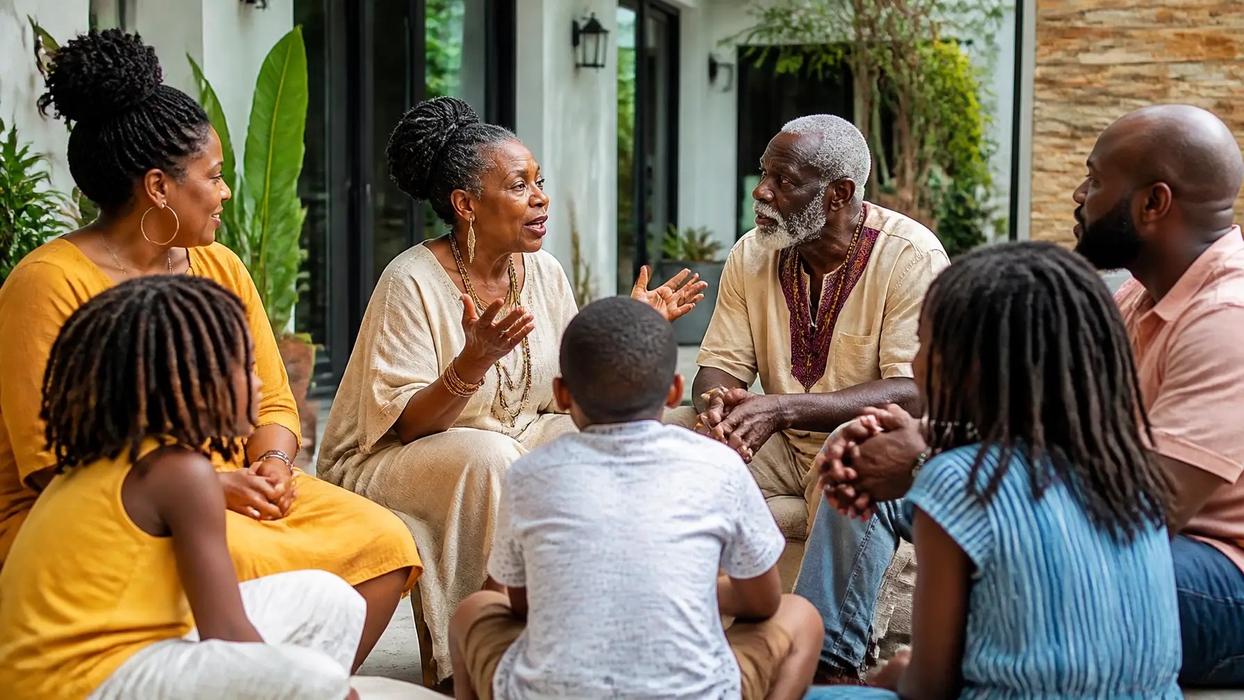 Family sitting outside, talking and listening to an elderly woman.