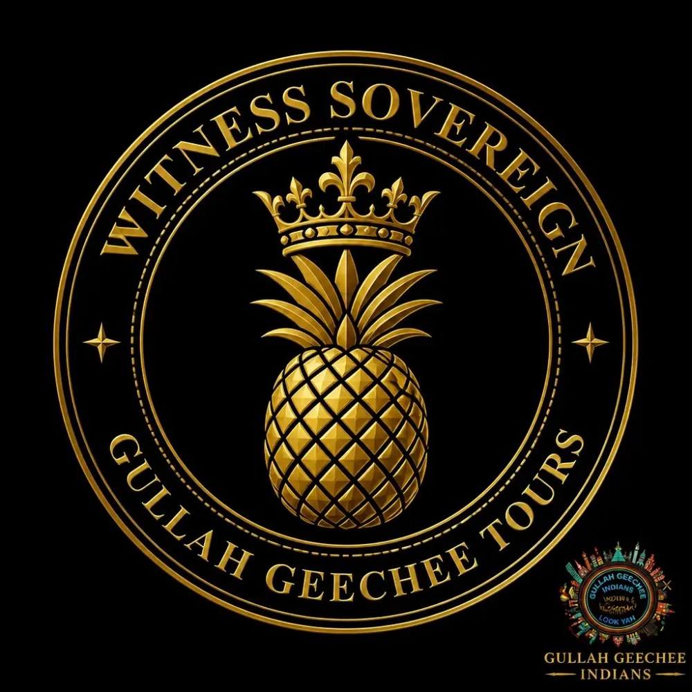 Gold pineapple logo with 'Witness Sovereign Gullah Geechee Tours' on black background.