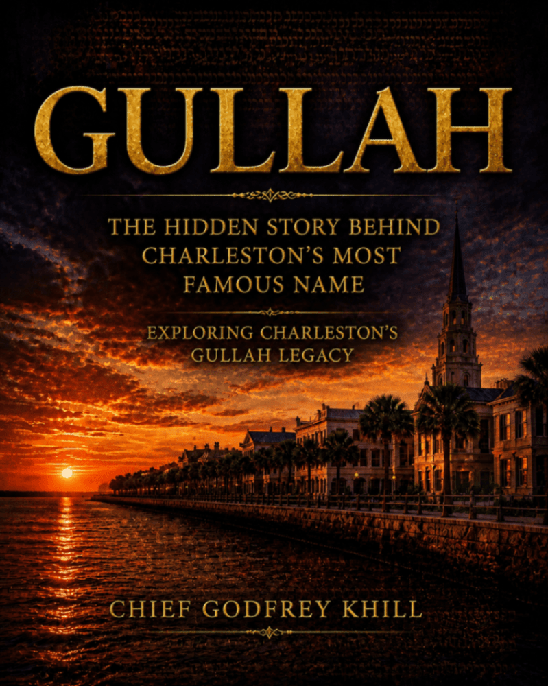 Book cover titled 'Gullah' with a sunset over a historic waterfront.