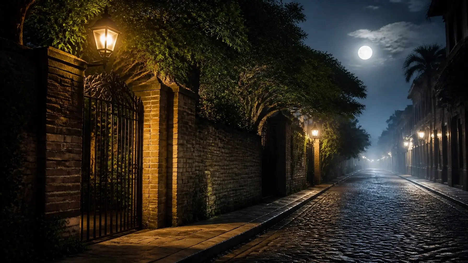 Cobblestone street at night with streetlights and full moon illuminating trees and buildings.
