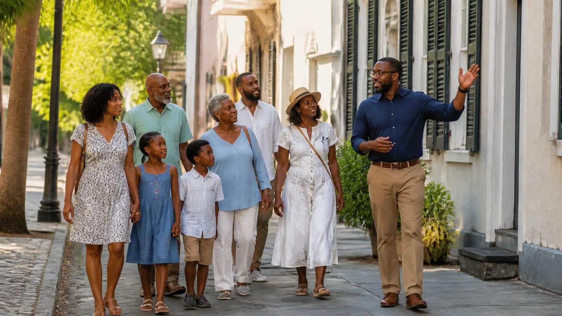 Group of people walking on a street, guided by a person pointing.