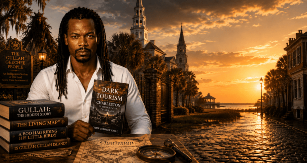 Man sitting with books, cobblestone path, sunset in Charleston backdrop.
