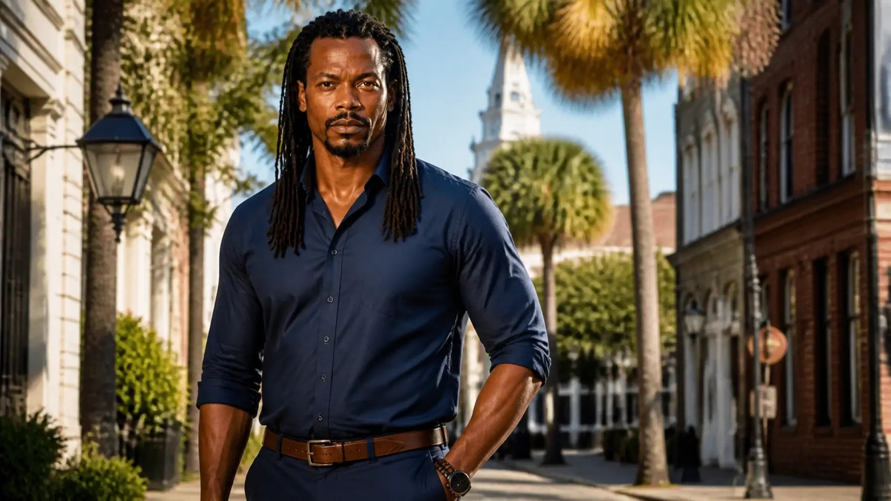 Man with dreadlocks in blue shirt stands on a palm-lined street.