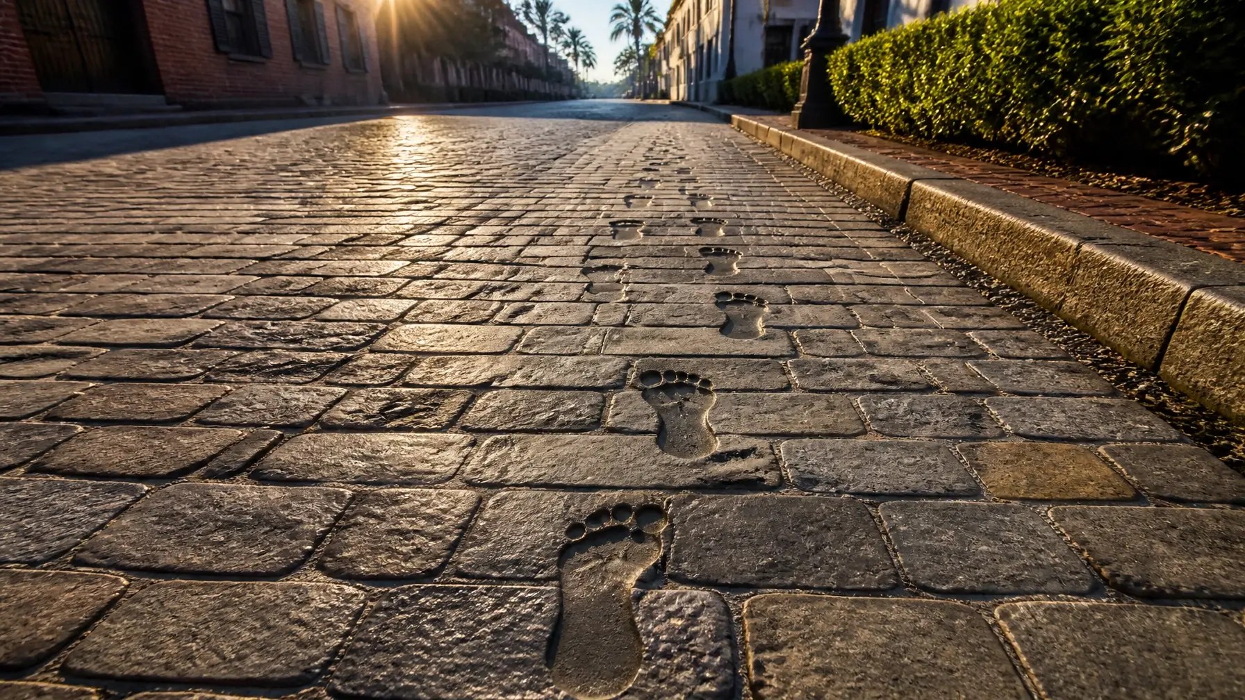 Footprints on a cobblestone street at sunrise.