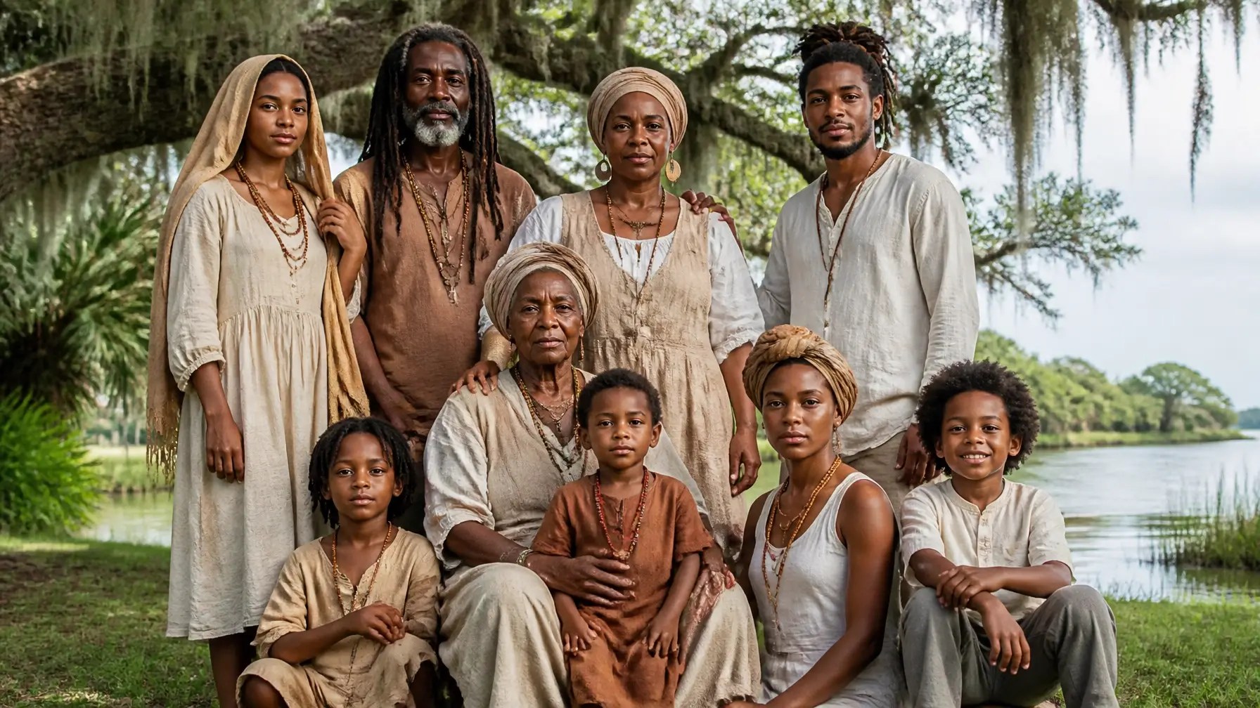 A diverse family poses outdoors near a tree and lake.