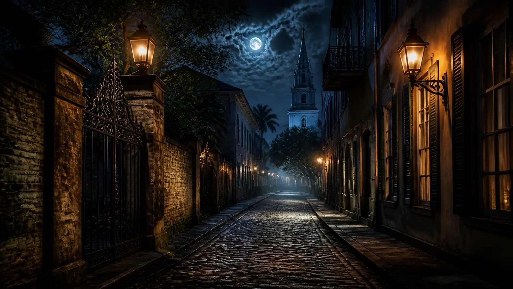 Moonlit cobblestone street with lampposts, church spire, and trees.